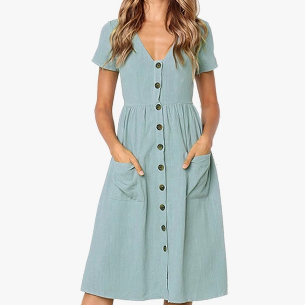 Green Pleated Puff Sleeve Midi Sundress